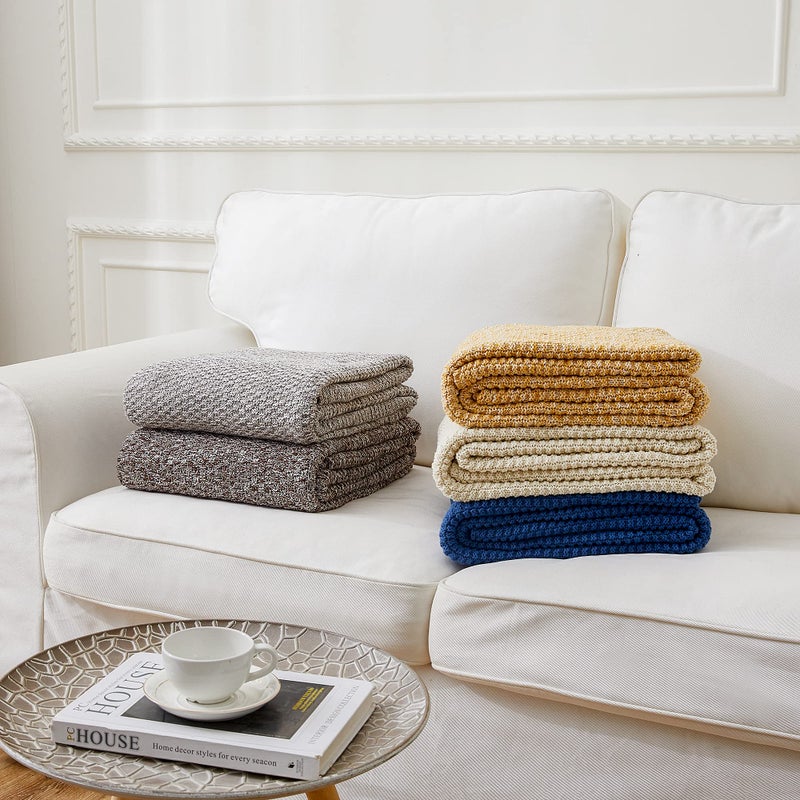 Longhui bedding Gold Knitted Throw Blanket for Couch, Soft, Cozy Machine Washable 100% Cotton Sofa Blanket, Heavy 2.5lb Weight, Laundry Bag Included, Mustard Yellow and White - Image 4